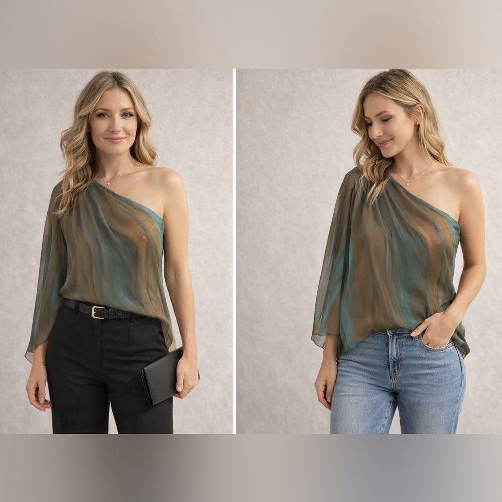 Elegant Teal and Brown chiffon one Shoulder Top, Sz 10. Great condition!
